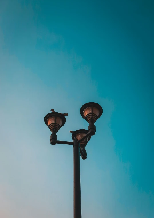 a two light pole sitting in the middle of the sky