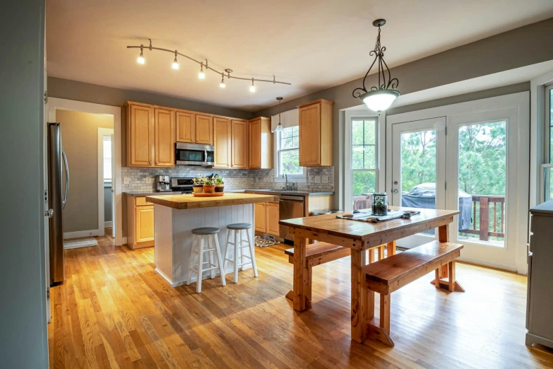 a kitchen with several stools and a table