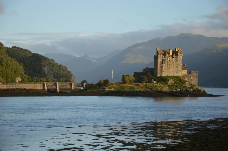 the castle is in the middle of the lake