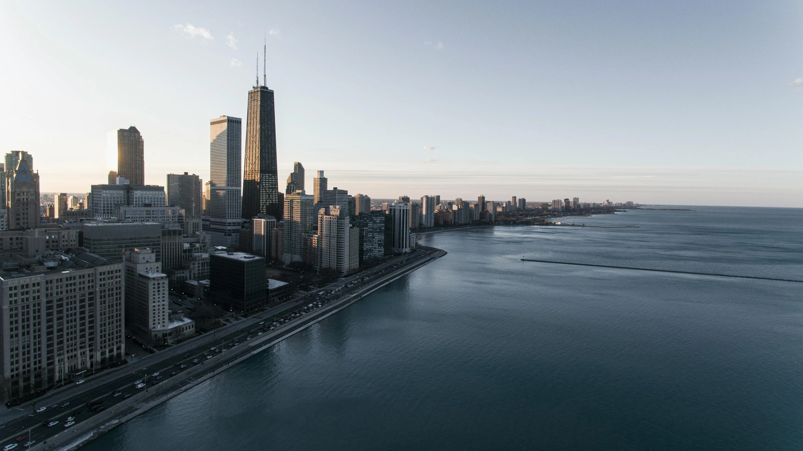 an aerial view of the skyline of a city on the waterfront