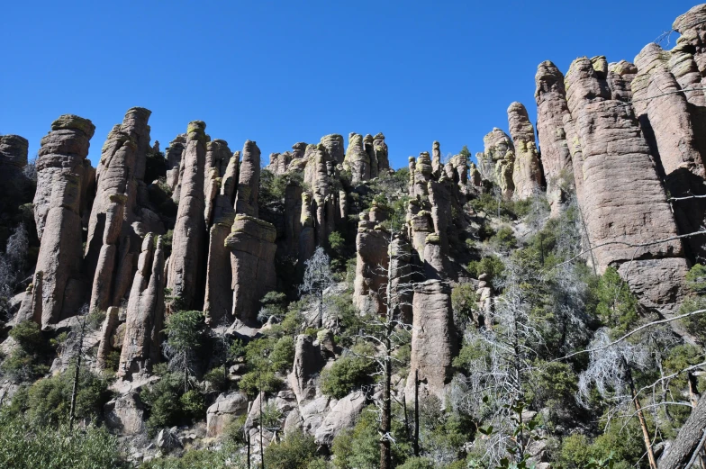 large rock formations next to the forest in a blue sky