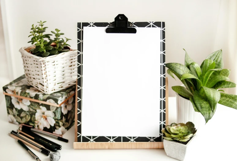 white paper clipboard and plant next to white basket