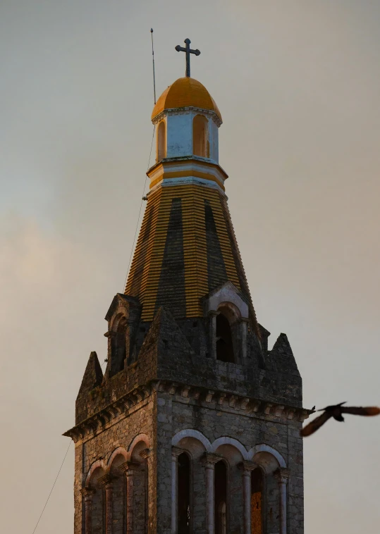 a bird flying by a tall building with a cross on top