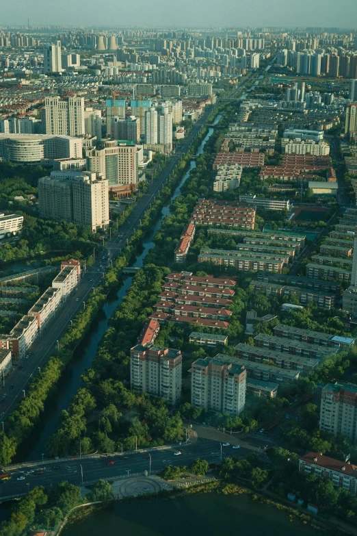 cityscape taken from the air looking down on a highway