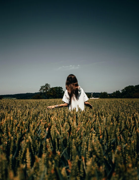 a person sitting in the middle of a field of crops