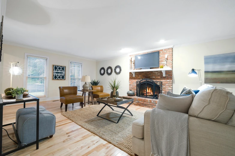 the living room has a fireplace and a television