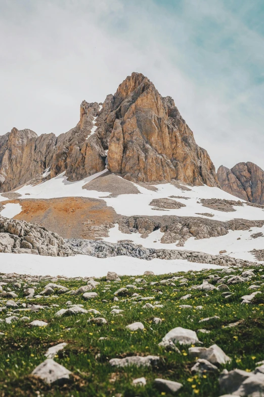 a rocky mountain covered with snow and grass