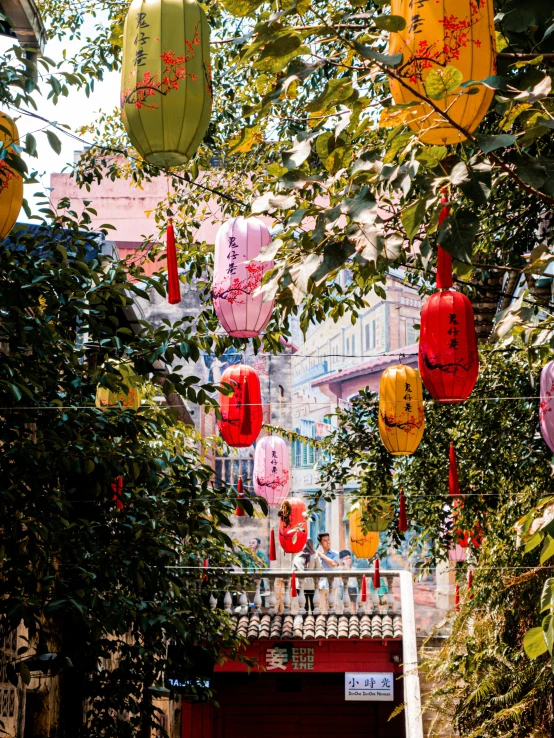 paper lanterns hung above the walkway in town