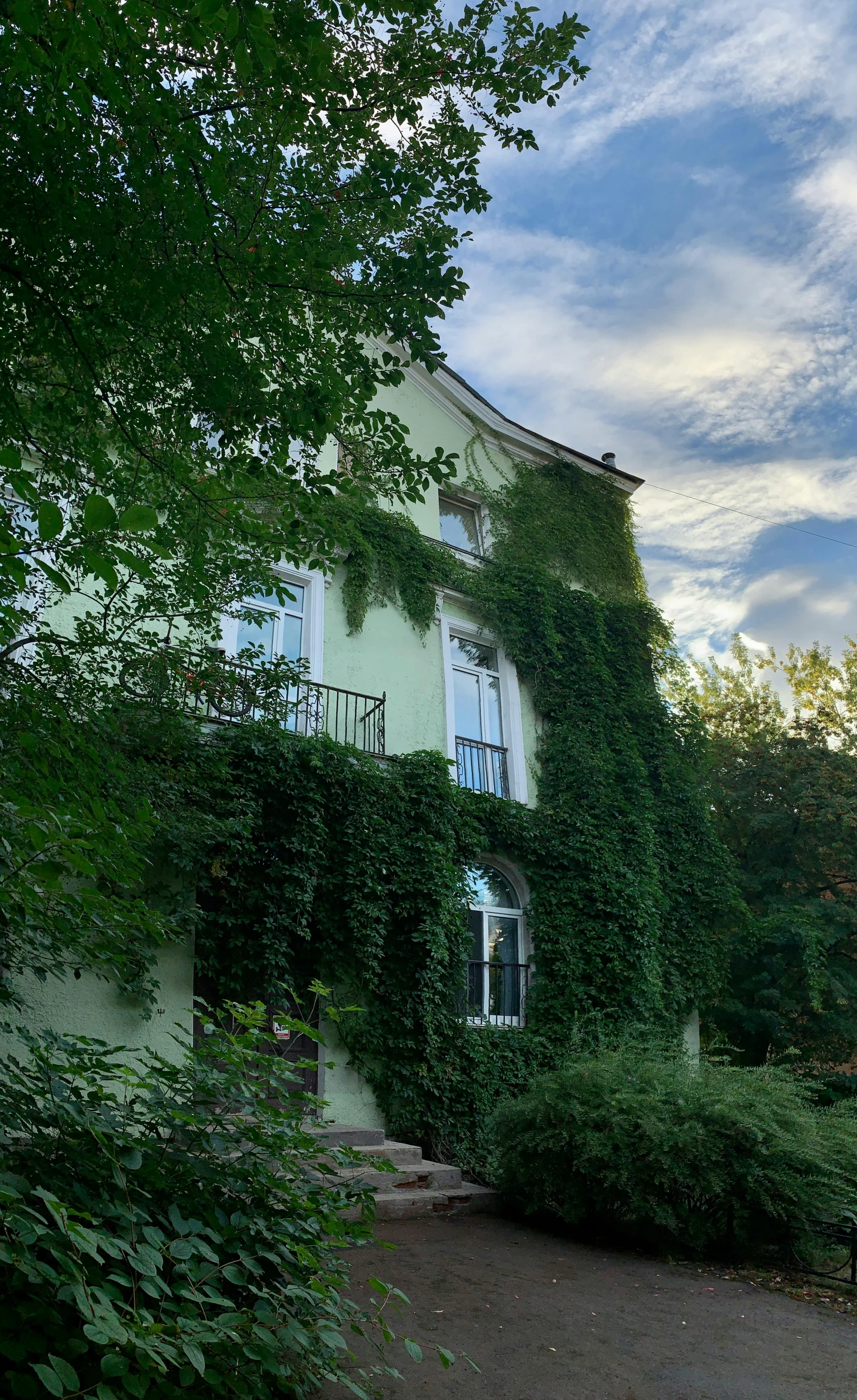 a large house with vines growing all over it