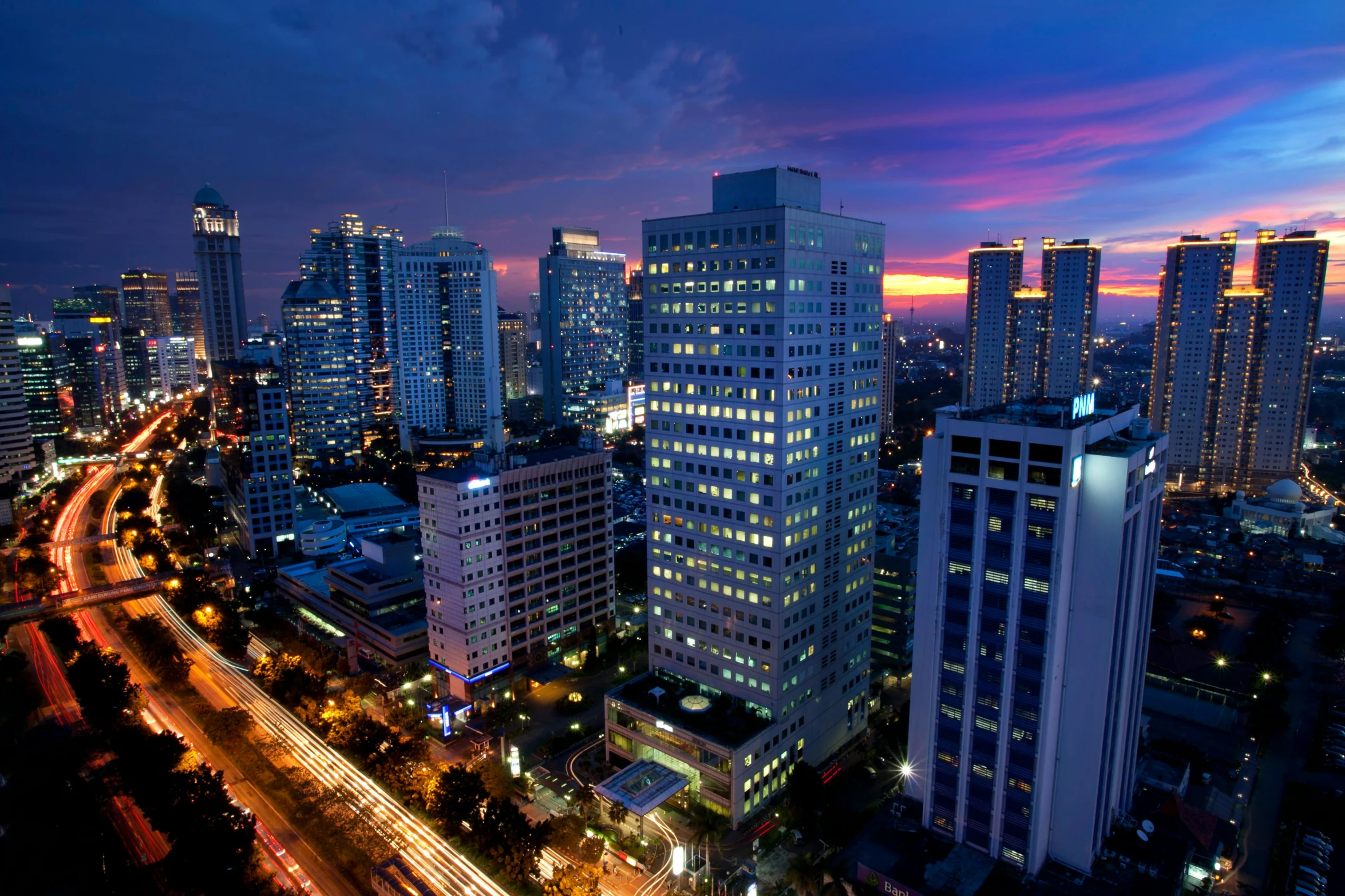 an aerial view of the city at night