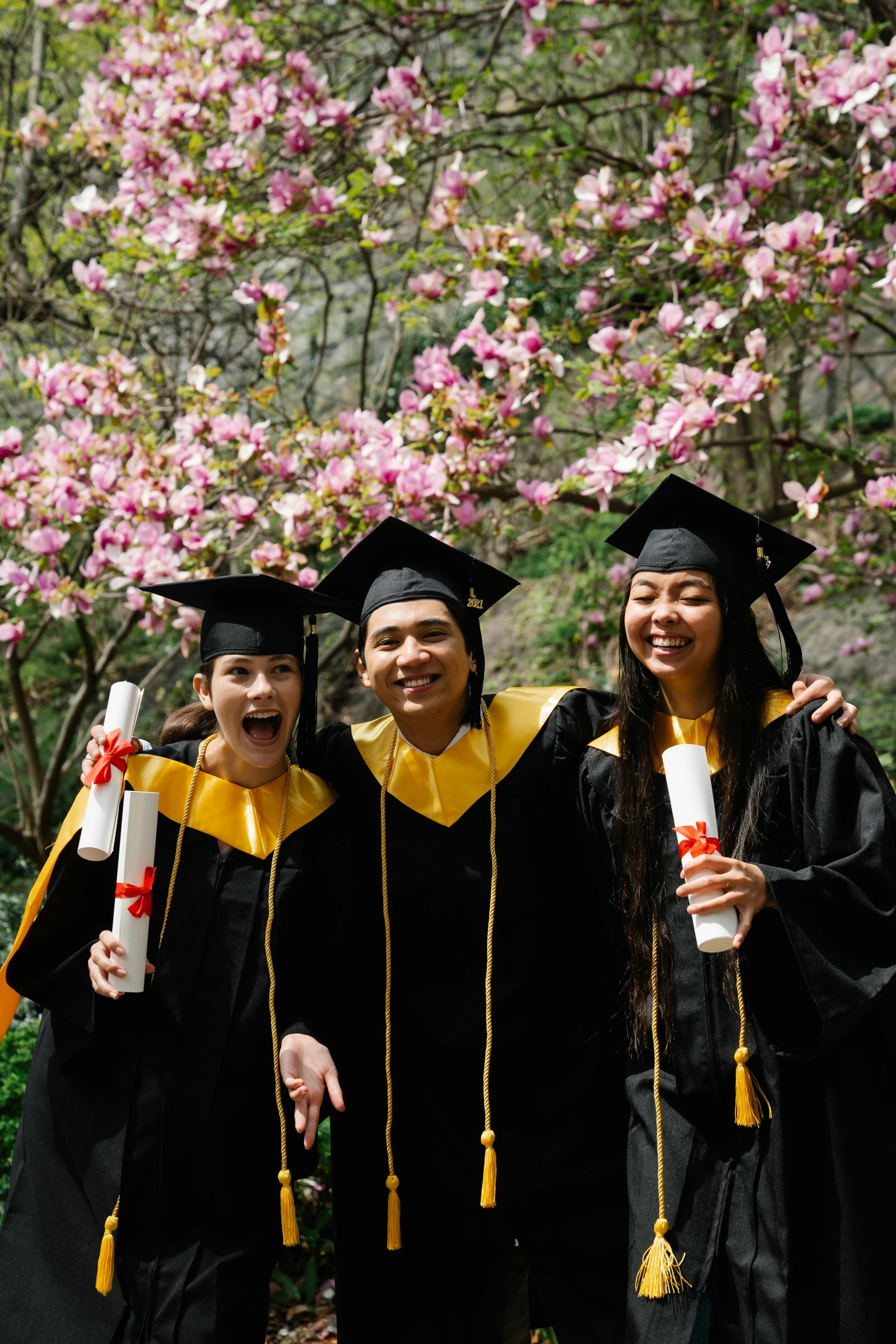 three smiling graduates pose with their diplomas under a flowering tree