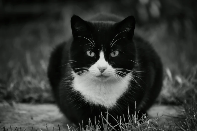 a black and white cat is standing in the grass