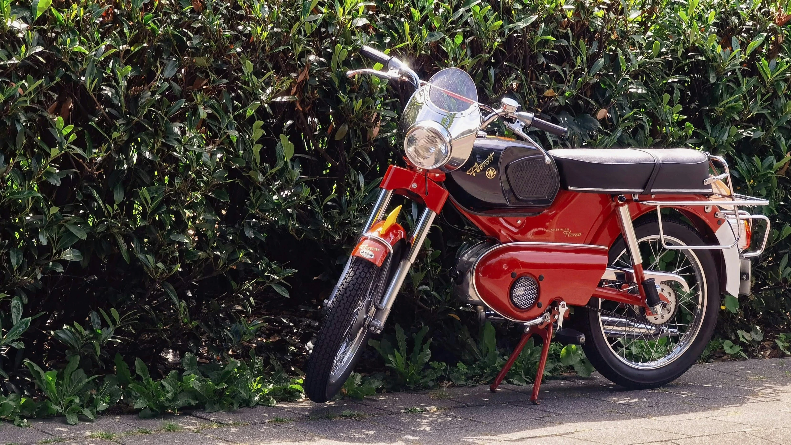 red motorcycle parked on road in front of hedge