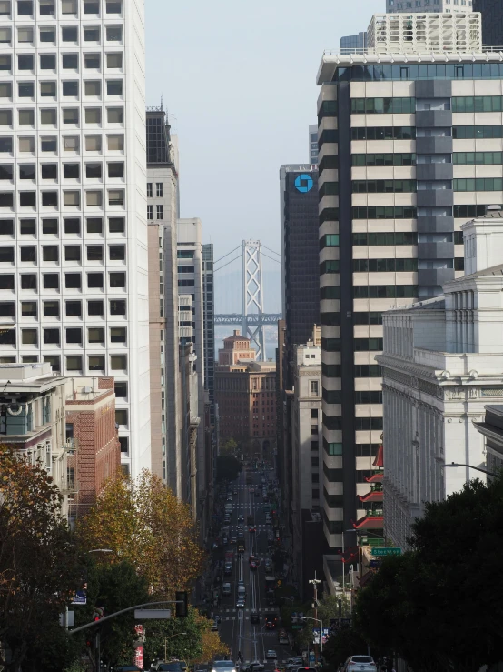 the city street has buildings and cars all around