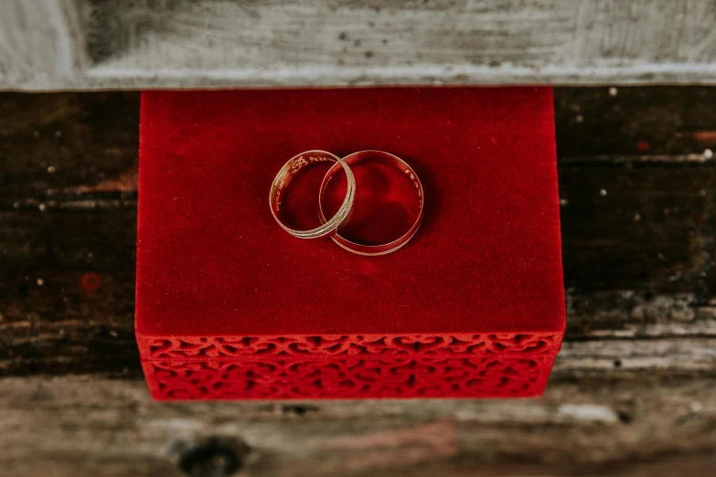 two wedding rings placed on a red box