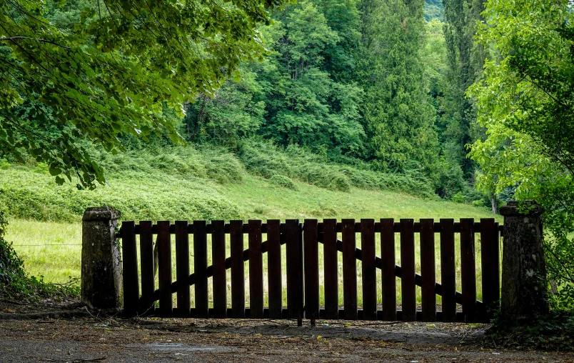 a bench sits in the shade behind a fence