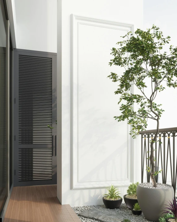 a bonsai tree on a balcony next to a door