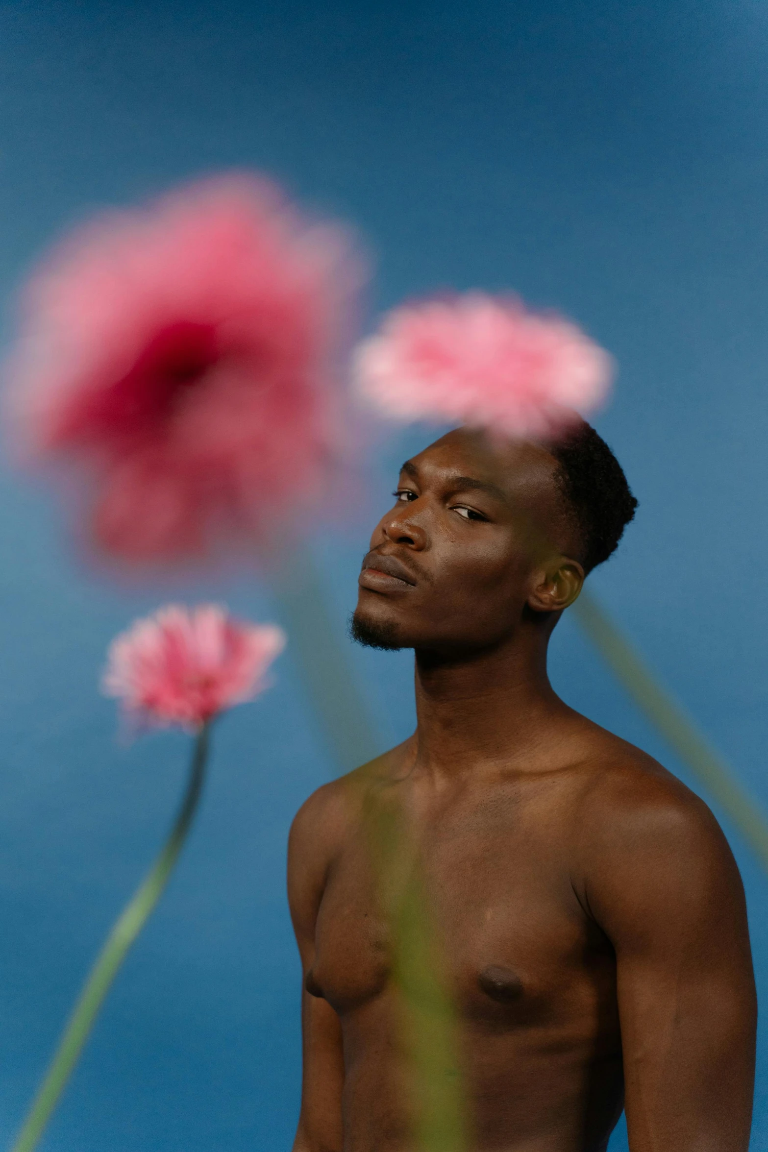 the black man is looking up to the pink flower