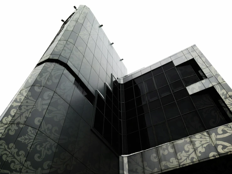 the side view of a building with a white and blue background