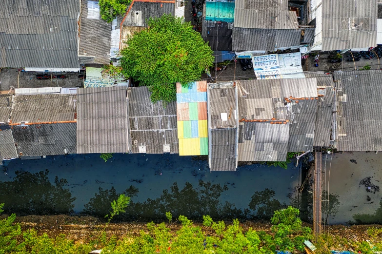 a view from above of buildings and trees