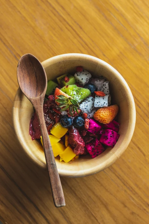 a bowl with a spoon and some very colorful foods