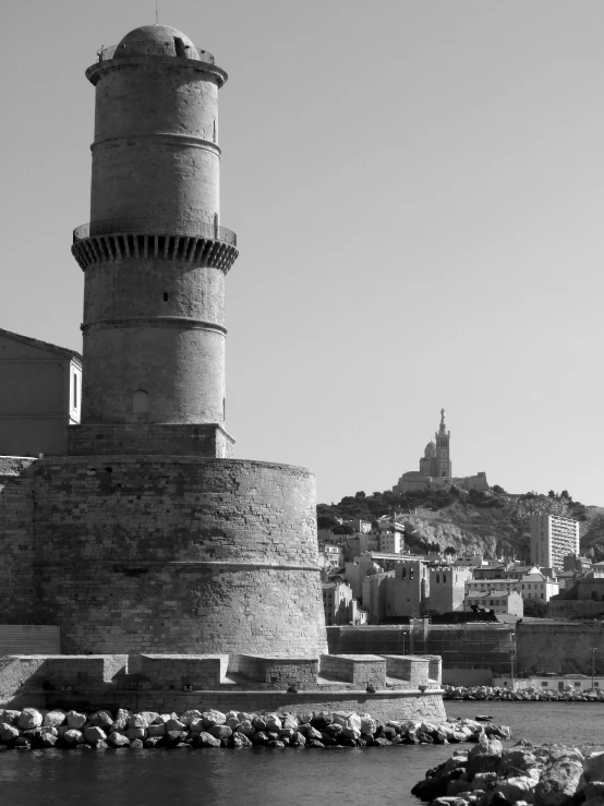 black and white pograph of the lighthouse in town