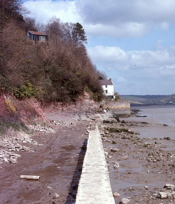 a narrow wooden path is next to a large body of water