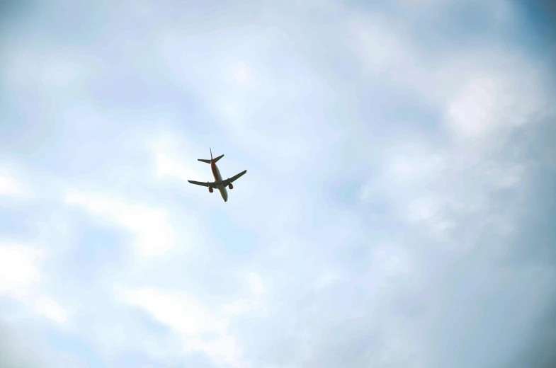 a plane flying in the sky with a cloudy background