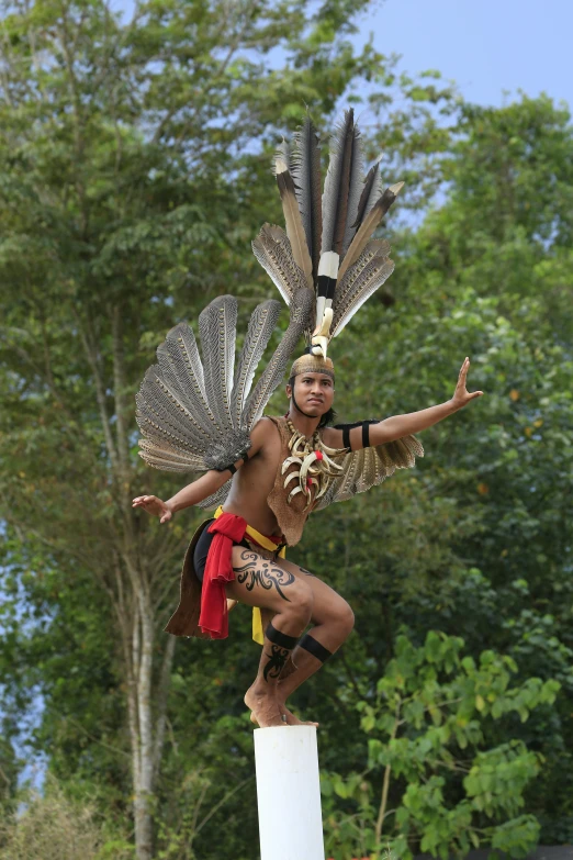 woman with feathers in her body, on a pillar