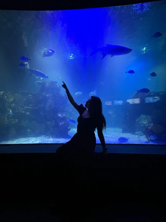 a woman is kneeling on the floor looking at the aquarium