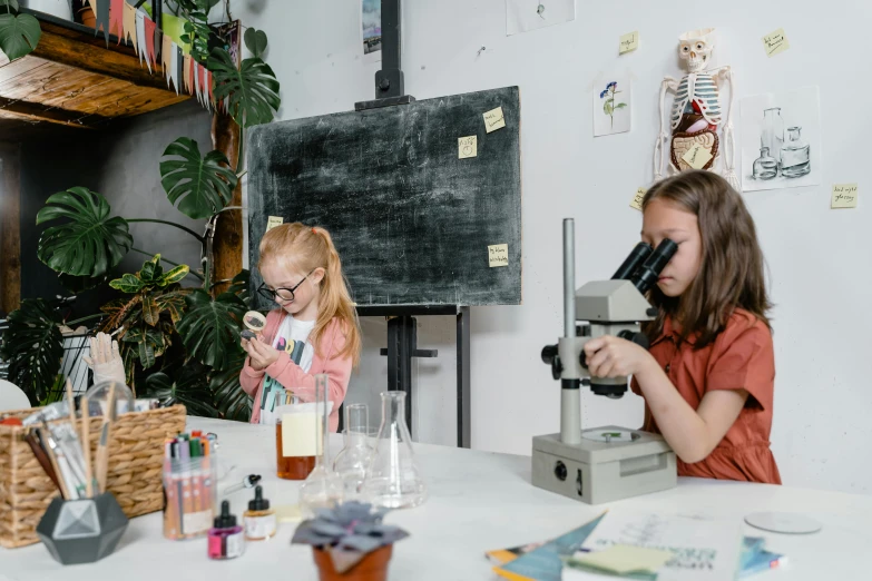 two girls are looking through microscopes in a science lab