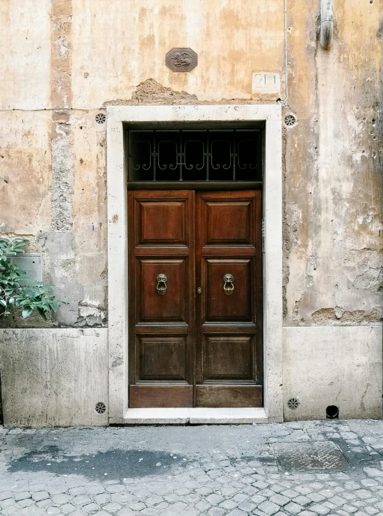 a close up of two wooden doors on a building