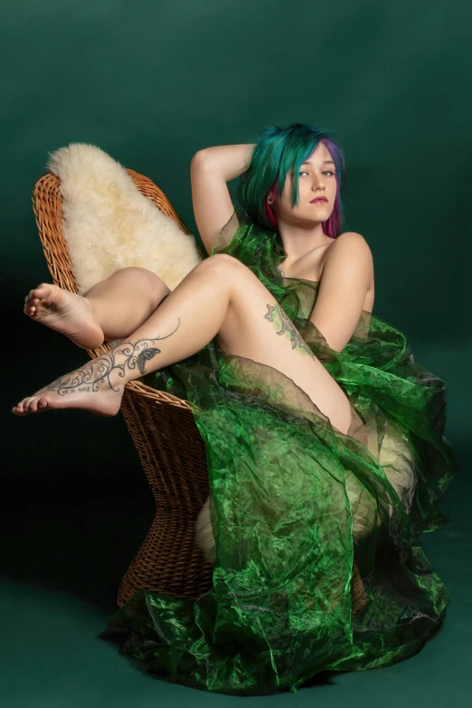 a woman with green hair in a green dress