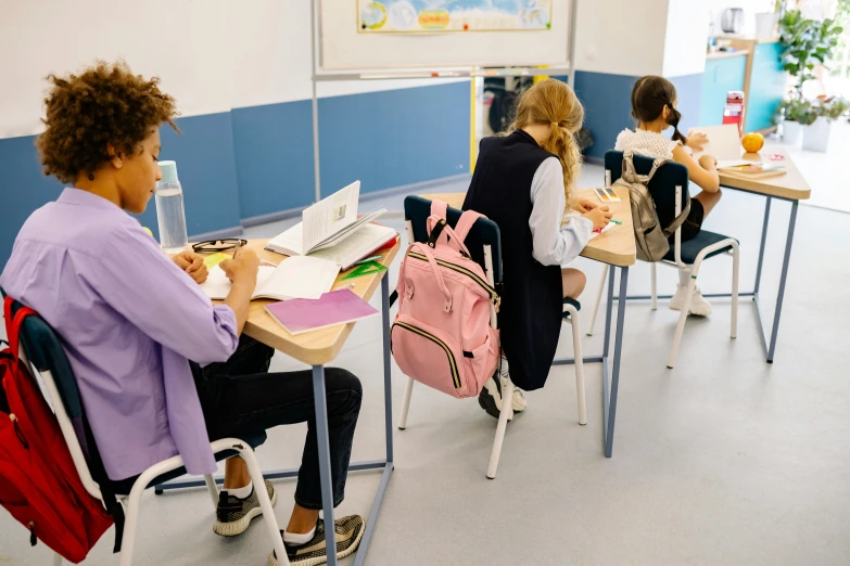 there is a student sitting at a desk on her computer