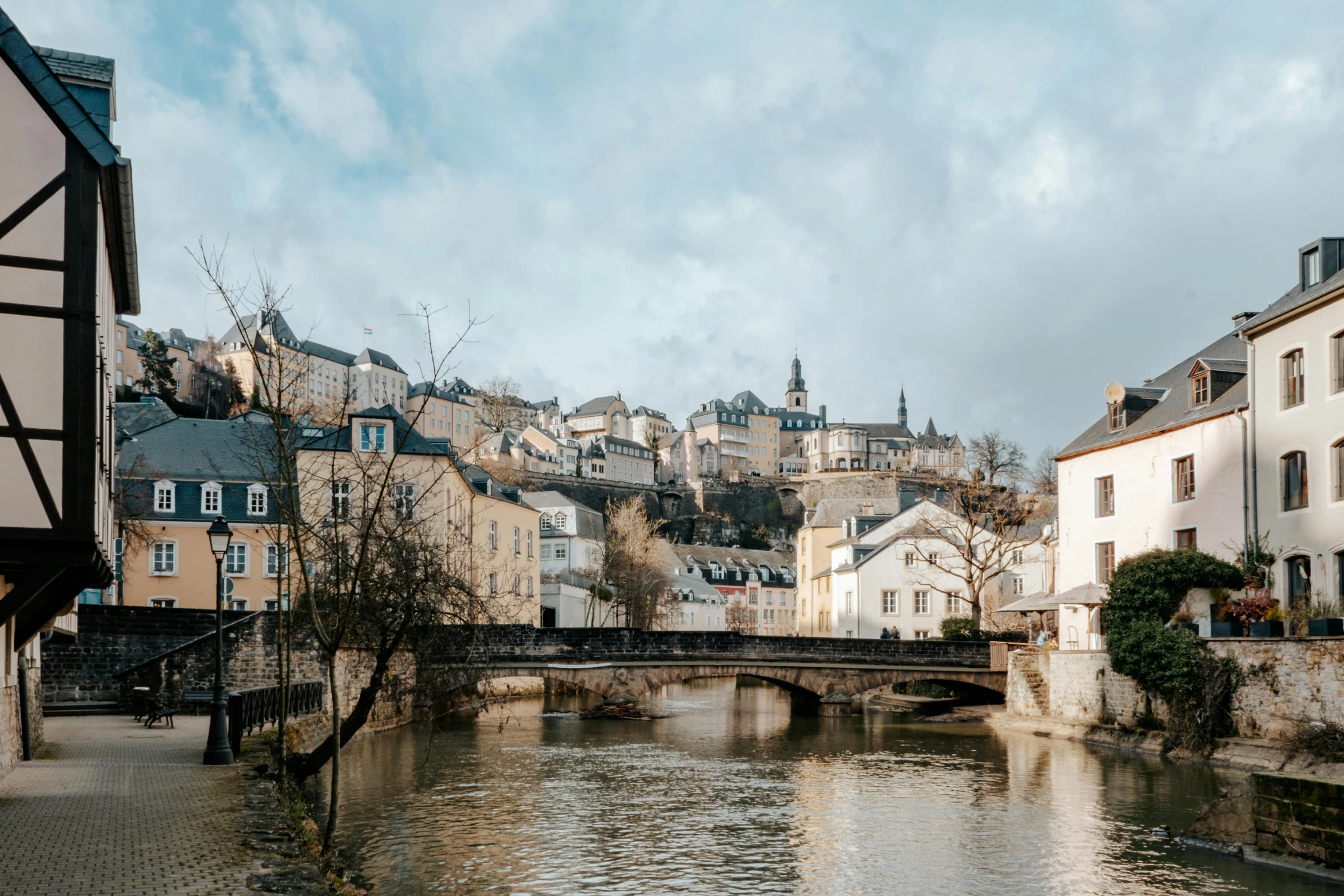 a large river flowing through a small town