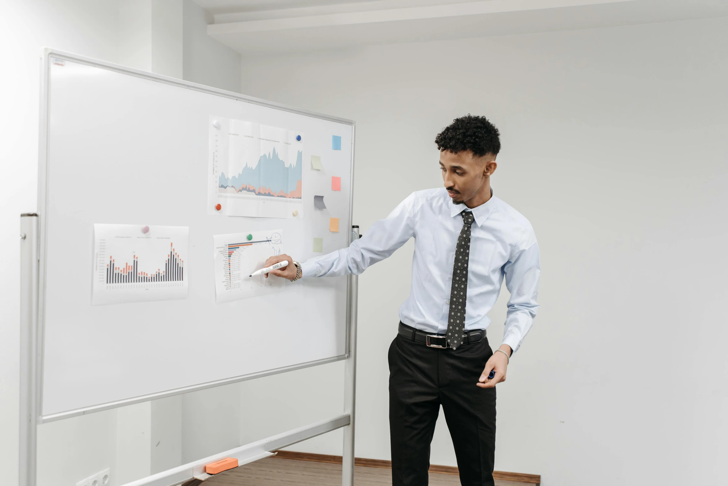 a man dressed in business attire writing on a dry erase board