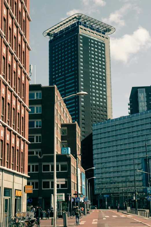 large skyscrs rise high in a very modern urban area