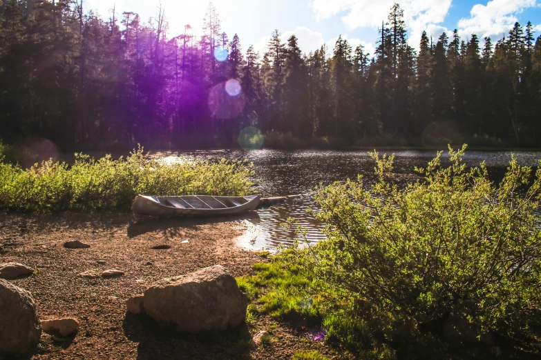 an empty canoe on the shore of a lake