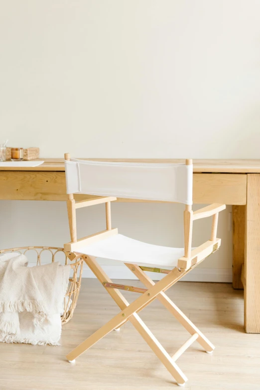 a white chair and wooden table in room