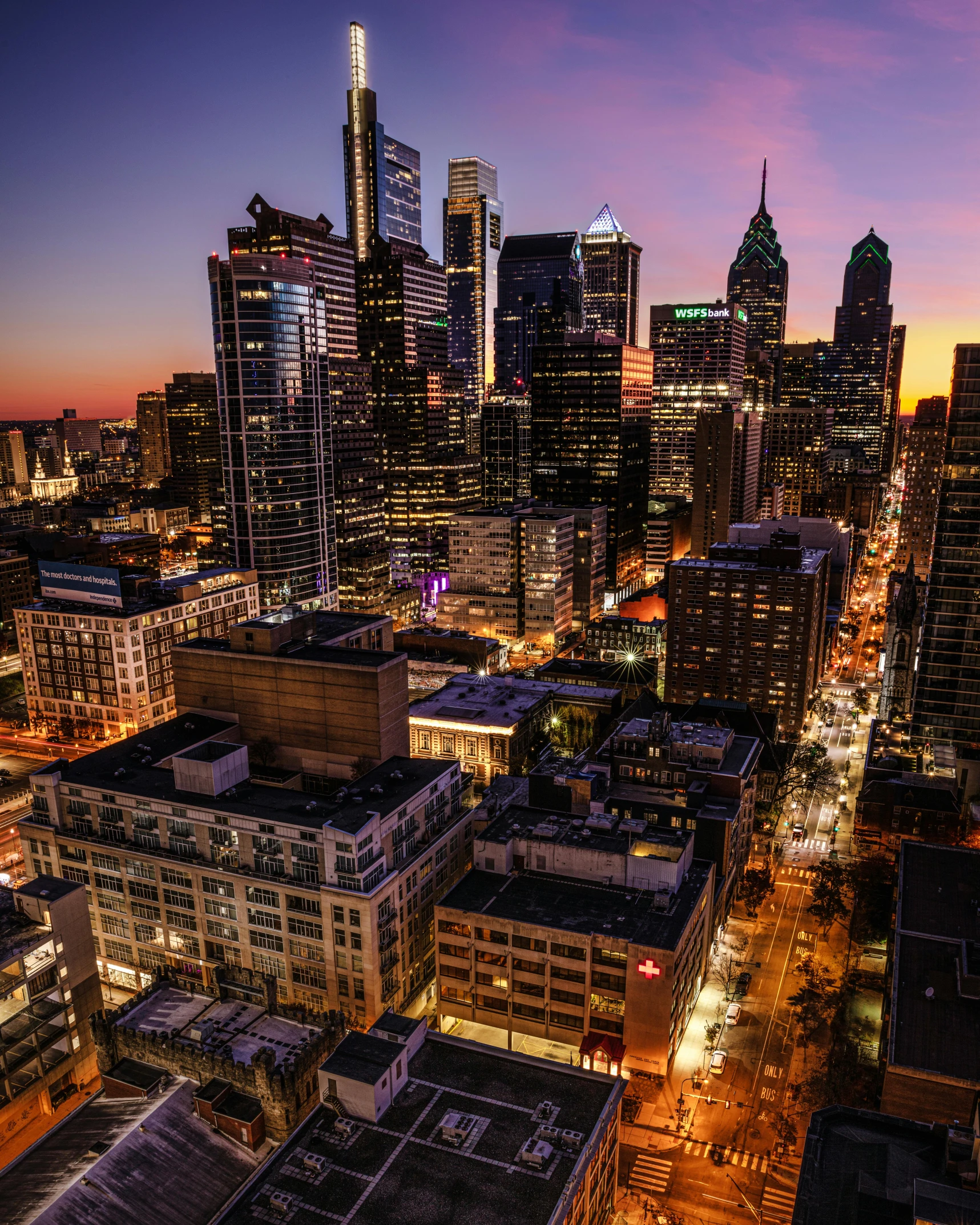 a night scene showing the city with the lights on