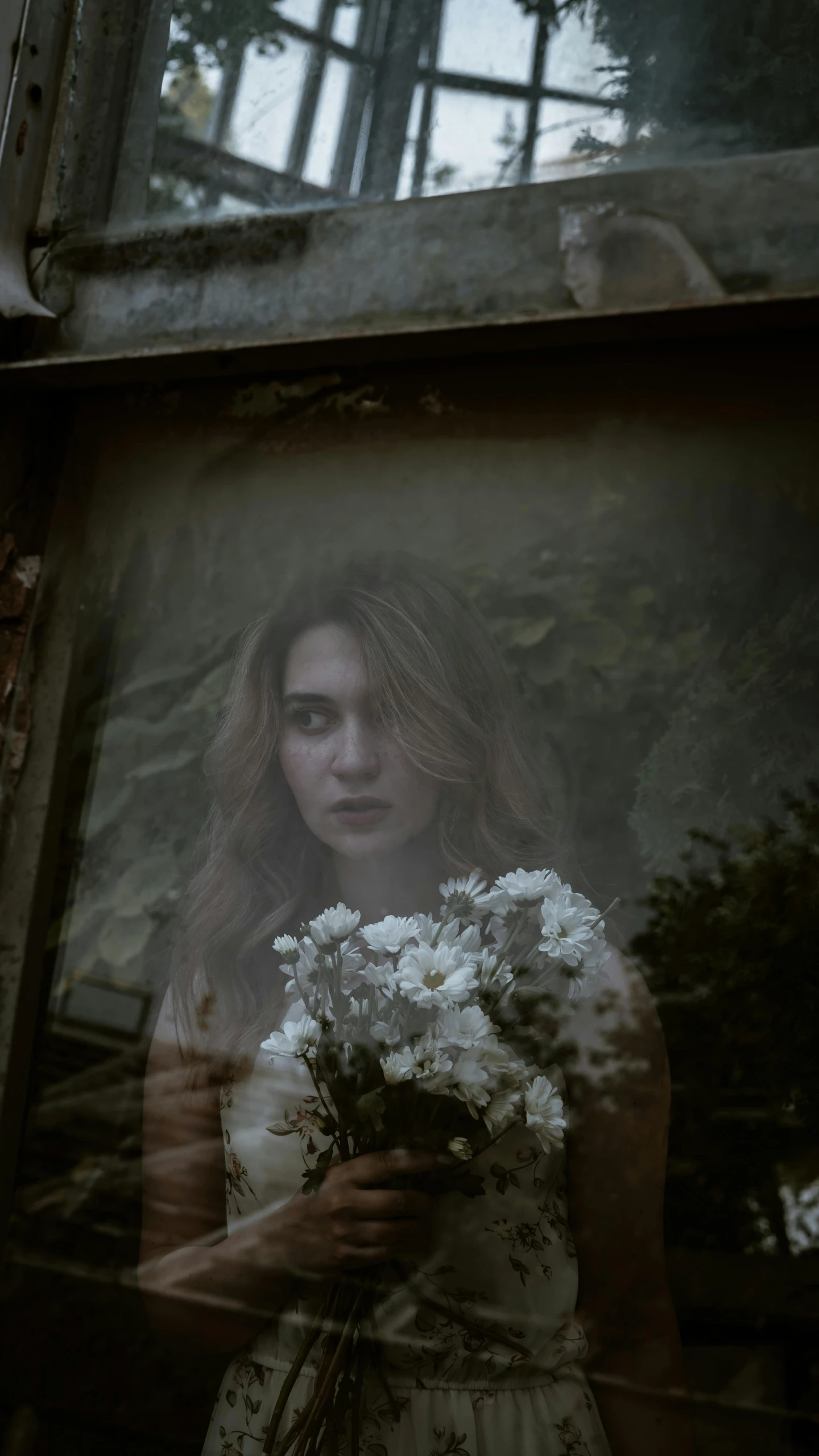 a woman is shown through a window with white flowers in her hands