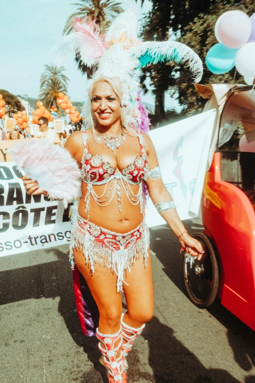 a woman wearing a feathery  and matching outfit