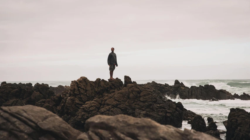 a person standing on a rocky cliff by the ocean