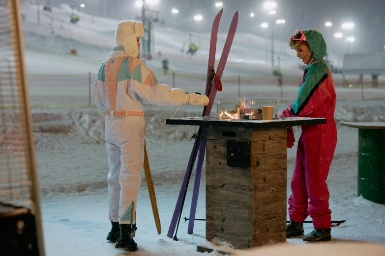 people dressed in costumes have ice fishing from the stands