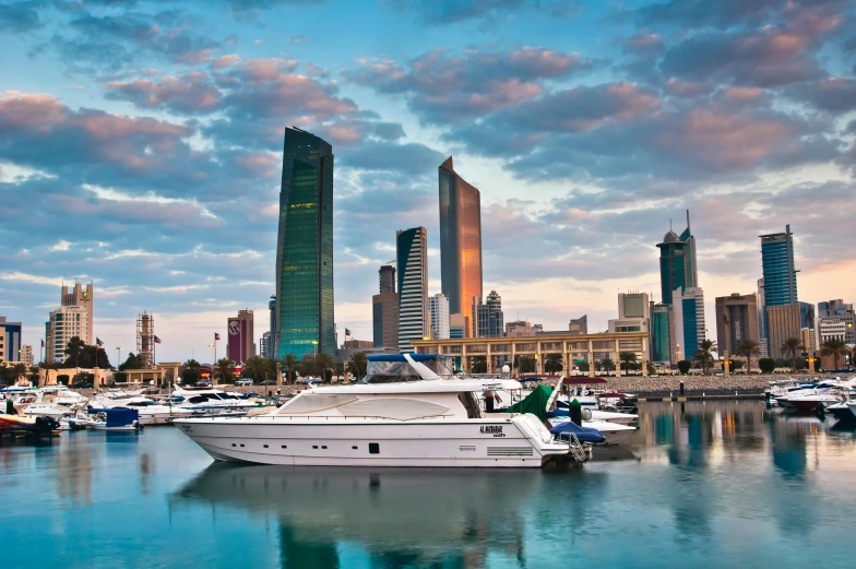 a marina with boats and large skyscrs in the distance