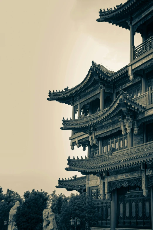 a brown, stylized po of a building with large pillars and small round doorways