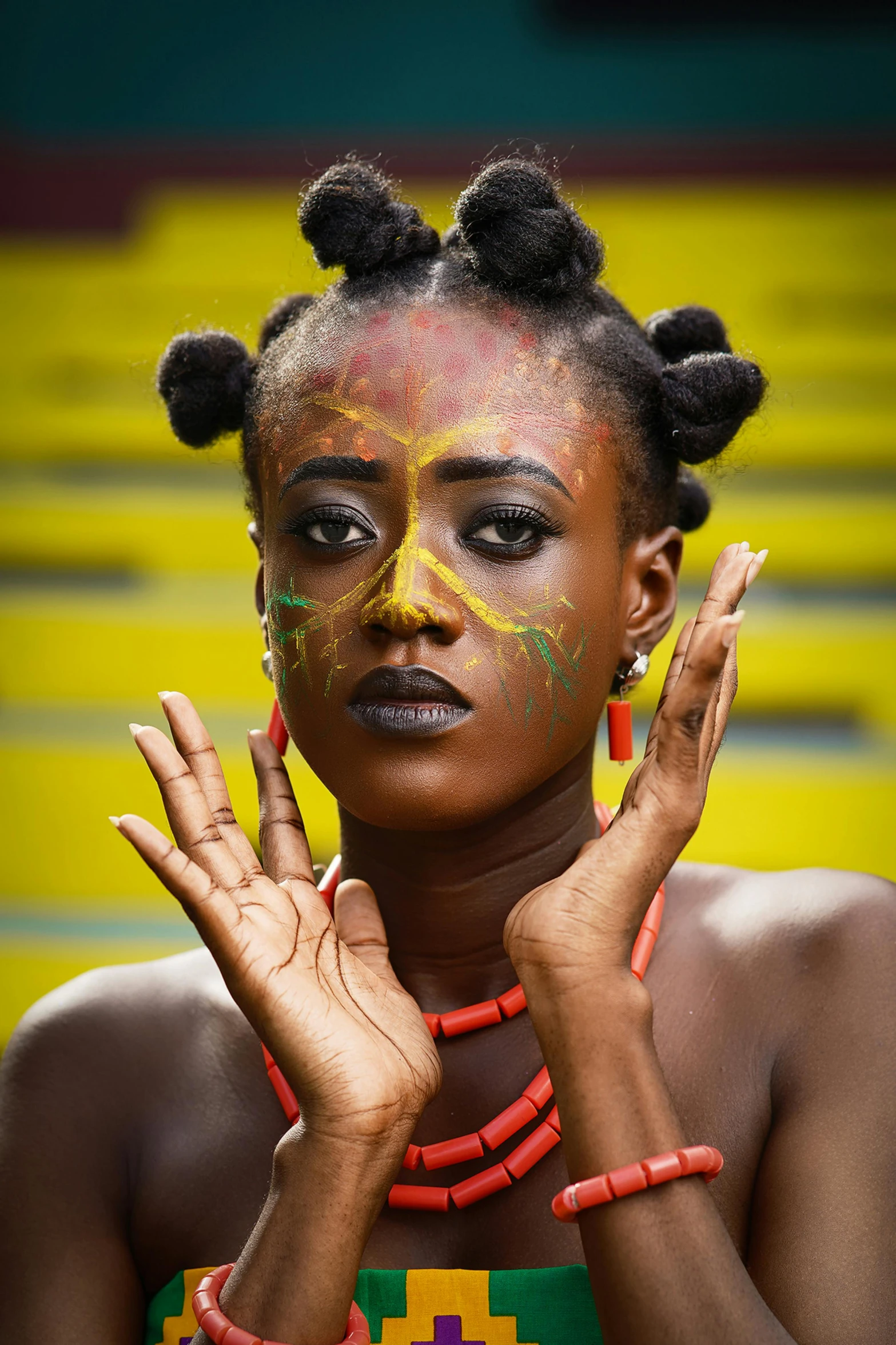 an image of a woman with bright colors and fake hair