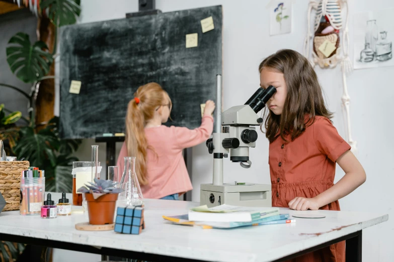 two s doing soing in front of a microscope