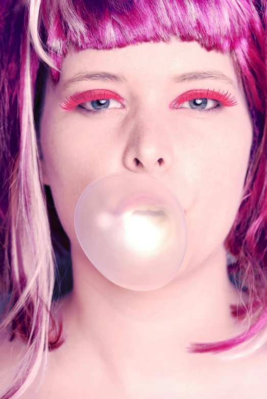 a woman with pink hair, red and white makeup, bubble gum, pink cheeks and nose