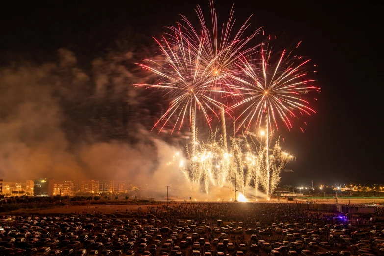 a view of the fireworks from the roof of a building